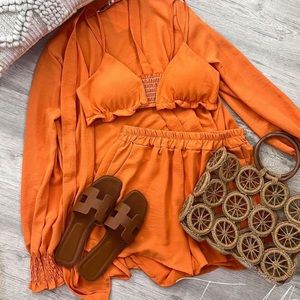 . One Sip Away Orange 3 Piece Shorts Cardigan And Bralette Set